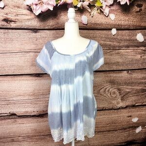 Ari & Soul Women’s Cotton White Blue Striped Floral Embroidered Tunic Blouse